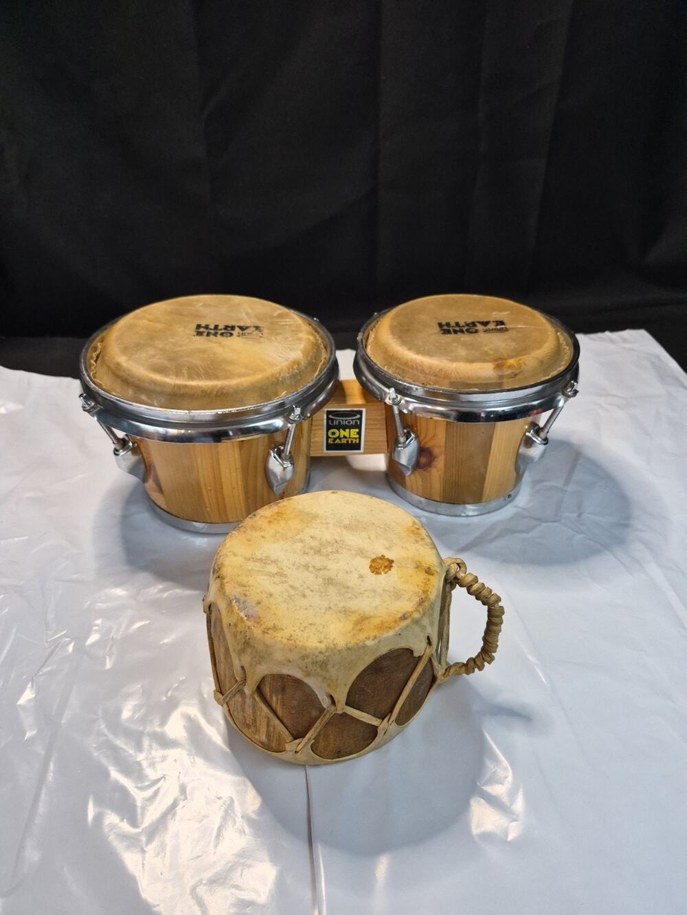 One Earth Wooden Bongos ,, Natural Skins + Vintage Native American Rawhide Drum
